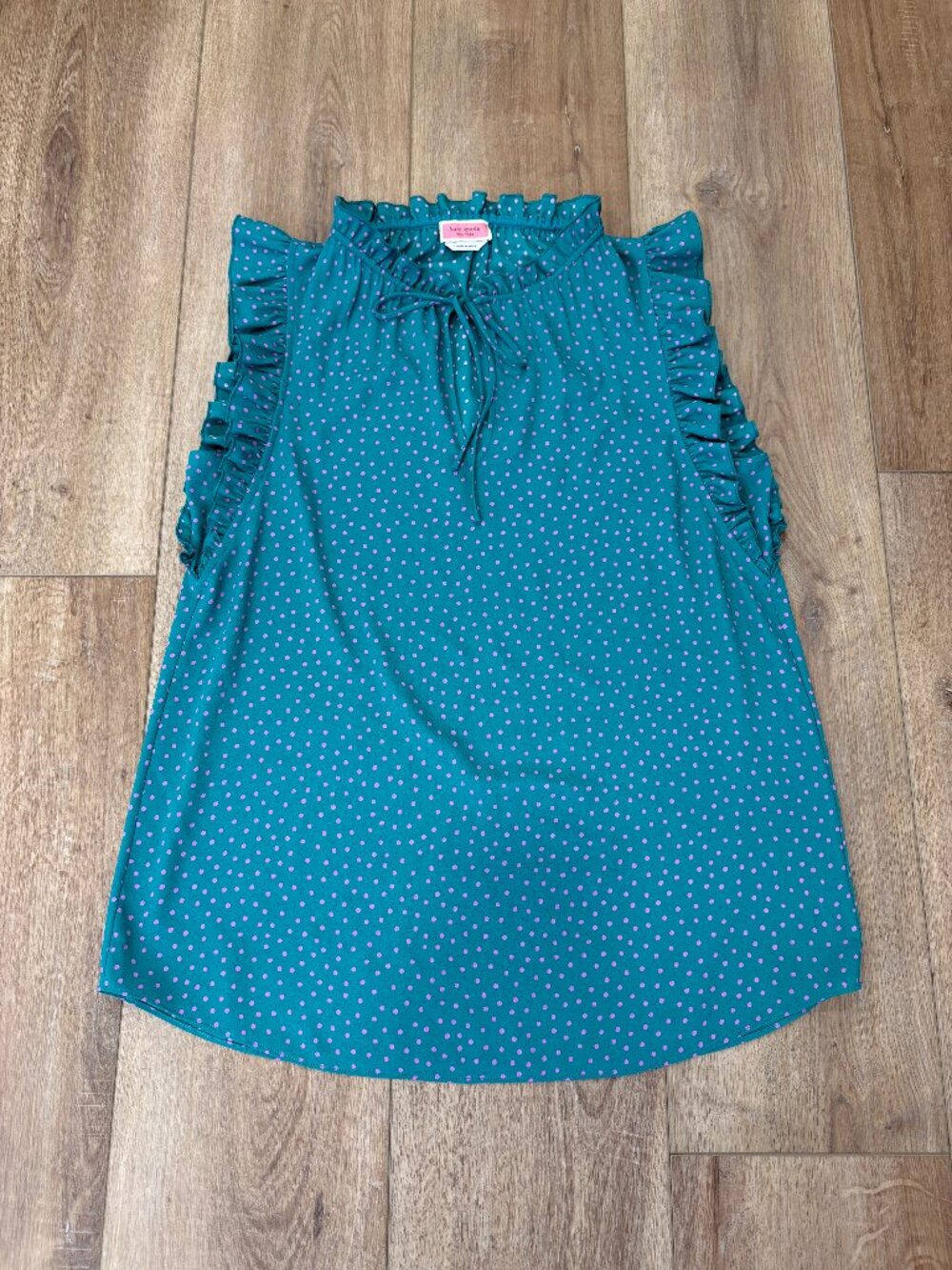 🌟 KATE SPADE 🌟 POLKA DOT SLEEVELESS BLOUSE TIE V NECK RUFFLE DETAIL TEAL SZ S
